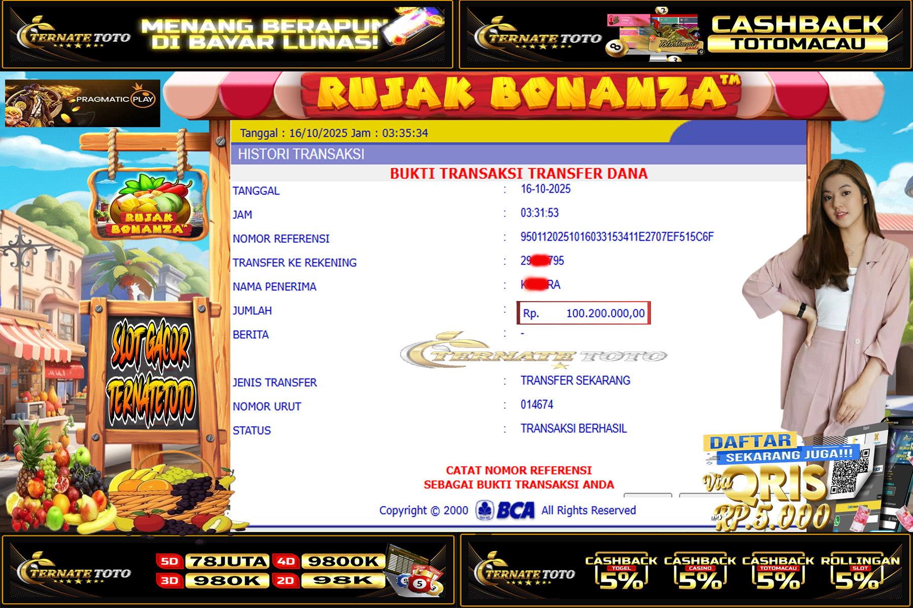 TERNATETOTO - MENANG RUJAK BONANZA DI PRAGMATIC PLAY Rp.100,200,000,-